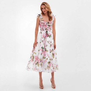 Vestido de noche de organza con estampado floral y hombros descubiertos, cintura imperio, largo y elegante para mujer, azul y rosa - Product Image 2