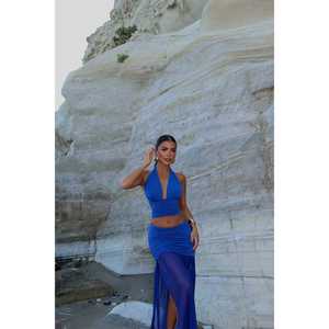 <b>Navy</b> Blue Satin <b>Skirt</b> Suit with Button Decoration - Product Image 2