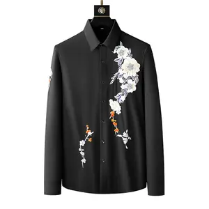 Erkek Slim-Fit uzun kollu gömlek ilkbahar ve sonbahar moda % 100% pamuk kadife kumaş basit katı nakış tasarım