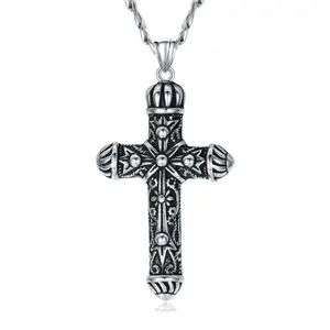 Religious Belief Stainless Steel Figaro Chain 22+2 Inch Lobster Buckle Silver Oxide Plating Cross Necklace