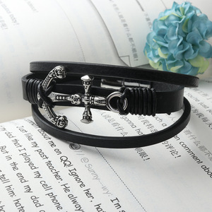 Anchor <b>Leather</b> <b>Bracelet</b> Black Titanium Steel Fashion Men's Jewelry - Product Image 4