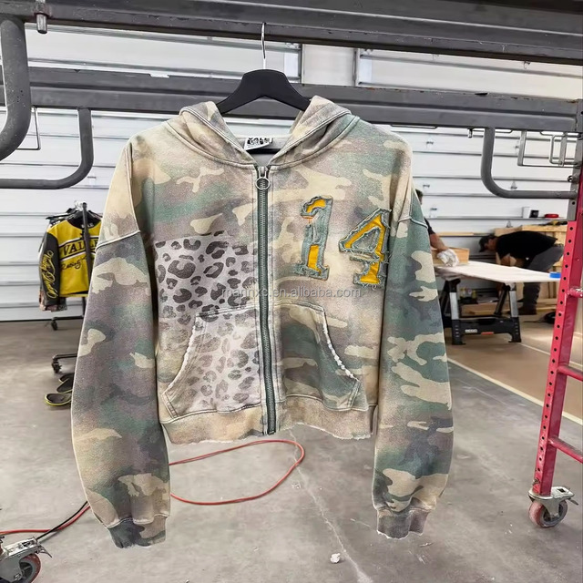 Manufacturers Custom Streetwear Acid Wash Camo Jacket Oversized French Terry 100% Cotton Baggy Men Boxy Camouflage Zip up Hoodie