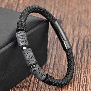 Bracciale Trendy in Vera Pelle con Chiusura Magnetica in Acciaio Inox e Pietra Naturale di Lava Nera, Stile Punk, Regalo per Uomo - Product Image 3