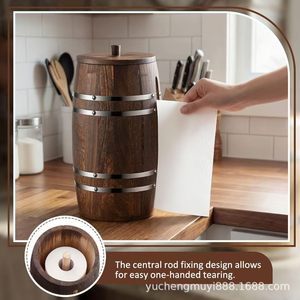 Wooden Retro Round <b>Paper</b> Towel Holder With Metal Bands <b>Kitchen</b> Storage Stand For Napkins Household Use - Product Image 4