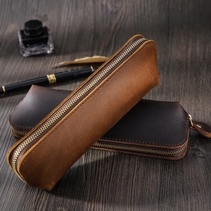 Estuche para bolígrafos con cremallera de cuero genuino Vintage Crazy Horse, estuche para lápices de papelería de cuero Real, regalos para hijo e hija - Product Image 2