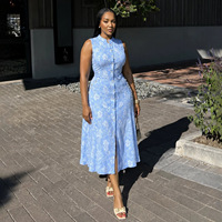 Nouvelle Robe d'été 2026 élégante et gracieuse, bleue à motifs floraux, taille haute, ajustée, sans manches, fendue, pour femme, mode transfrontalière