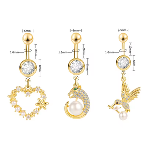 3 दिनों की डिलीवरी थोक पर्ल बेली रिंग्स सर्जिकल स्टील डैंगल गोल्ड प्लेटेड हार्ट बर्ड बेली नेवल पियर्सिंग - Product Image 1