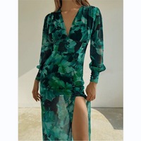 Robe longue de plage en polyester pour femme, coupe empire, col en V, motif floral vert, sexy, tissée, boutonnée, collection printemps-automne – Grande Vente