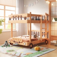 Casa de autobús de dos pisos de madera maciza, tienda de campaña, litera para niños con luz LED