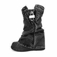 Bottes en jean vintage délavé à semelle épaisse 2026 ODM OEM, à enfiler, talon très haut, maille, style européen et américain unique pour femme