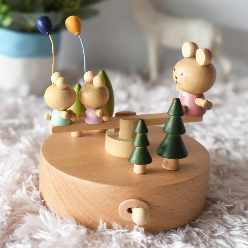 Kotak musik desain kustom gaya laris kotak musik kayu hewan gergaji jungkit untuk anak-anak