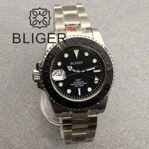 BLIGER gaucher NH34A automatique mécanique hommes montre 40mm boîtier lumineux verre saphir bracelet en acier inoxydable 9 heures corbeau - Product Image 3