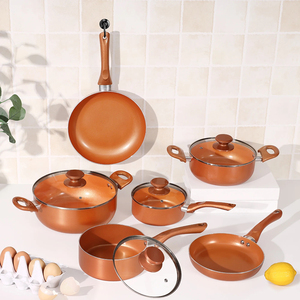 Batterie de cuisine antiadhésive en céramique et cuivre, 10 pièces, avec couvercles en verre et poignées en bakélite, compatible lave-vaisselle et four, pour cuisinières à gaz/à induction, design moderne - Product Image 2
