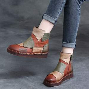 Botines de Piel Vacuna con Suela Suave Antideslizante, Estilo Étnico, Hechos a Mano, Retro, con Diseño de Paneles, para Otoño e Invierno - Product Image 1