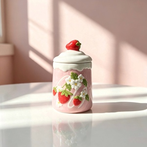 Mug en céramique rose 3D en forme de <span class=keywords><strong>fraise</strong></span>, bord ondulé crème, motif fruit et fleur en relief, tasse à café créative faite à la main en porcelaine, tasse à eau - Product Image 6