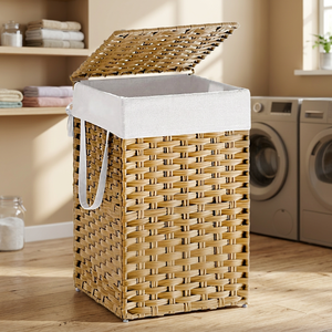 <b>Rectangular</b> Natural Water Hyacinth <b>Storage</b> <b>Basket</b> With Lid And Handles For Laundry Organization Rustic Style - Product Image 4