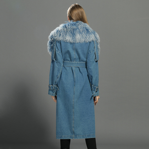 Wholesale Detachable Big Natural Mongolian Lamb Fur Collar Trench Coat Belt Soft Jeans Ladies <strong>Women</strong> Winter Real Fur <strong>Denim</strong> <strong>Jacket</strong> - Product Image 4