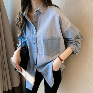 Camicie in Denim moda donna HANO camicetta 2024 <span class=keywords><strong>jeans</strong></span> Vintage primavera autunno camicetta <span class=keywords><strong>femminile</strong></span> a maniche lunghe monopetto - Product Image 2