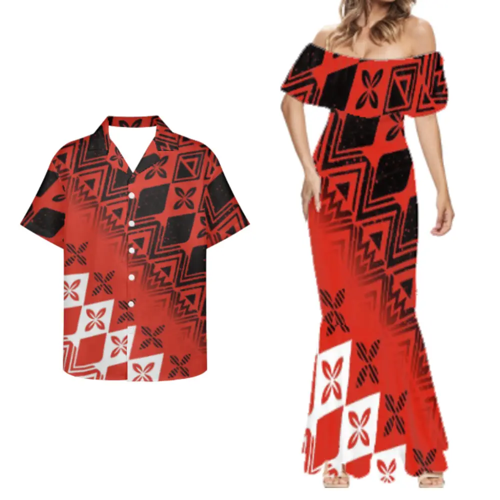 Red Elegant Polynesian Tribal Floral Print Girl's Dress Couple Clothing Party Dress For Women And Men's Cool Vintage Top Wear