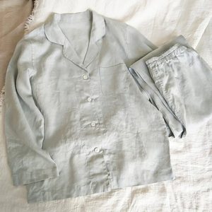 Haute qualité délavé 100% pur <span class=keywords><strong>lin</strong></span> pyjama ensemble haut et pantalon Simple vêtements de nuit décontractés vêtements de détente pour les femmes - Product Image 2