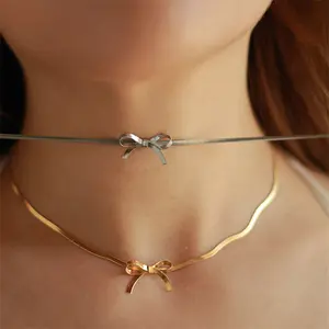 Simple ribbon choker necklace stainless steel trendy non fading gold thin snake chain bow necklace for women