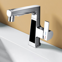 Robinet de lavabo moderne en laiton gris anthracite, cascade rotative, à poser sur le comptoir, avec affichage numérique LED intelligent