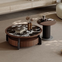 Ensemble de tables basses rondes gigognes en marbre avec plateau en noyer et tiroir de rangement, table d'appoint 2-en-1, style moderne et minimaliste pour villa, chambre d'hôtes, bureau