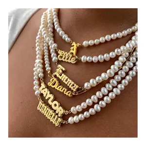 Personalised Elegant Baroque Freshwater Pearl Choker Necklace 18K Gold Stainless Steel Custom Name Initial Pendant Necklaces