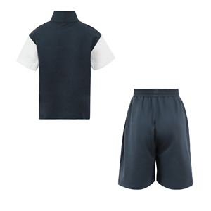Ensemble deux pièces pour enfants, garçons, bleu marine foncé, rayures contrastées, fermeture éclair, short de survêtement plissé sur le devant, en coton, tenue de sport scolaire d'été - Product Image 3