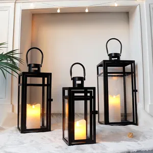 Set Of 3 Modern Large Black Metal Candle Lantern Garden Hanging Metal Candle Holder Home Outdoor Empty Lanterns For Wedding