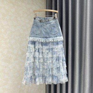 Jupe longue en jean à volants en maille, style décontracté taille haute pour femme, nouvelle collection printemps-été 2026, en tissu chiffon respirant et naturel - Product Image 2