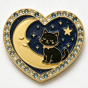 Épingle en métal plaqué or en forme de cœur avec motif chat noir, lune et étoiles, émail dur, alliage de zinc, thème animal, Saint-Valentin - Product Image 2