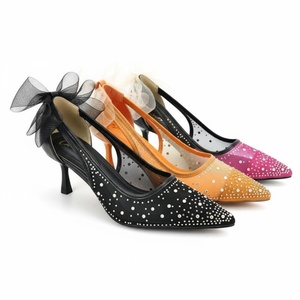 995-12 Tacones Altos Personalizados con Lazo de Malla y Pedrería, Punta Puntiaguda, 5-7 cm, Mercado Estadounidense - Product Image 1