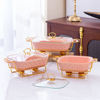 Casserole en céramique rose blanc vert pour plats chauffante Casserole en porcelaine pour buffet avec support doré