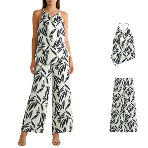 Pantalon décontracté ample pour femme, taille élastique, imprimé feuilles, haute couture - Product Image 1