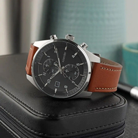 Montre Chronographe Sportive Tendance à Quartz, Cadran en Verre, Boîtier en Acier Inoxydable, Bracelet en Cuir 22mm, 44mm, Aiguilles Lumineuses, Étanchéité 30m