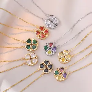 2024 Fashion Colored Zircon Folding Love Heart Necklace Titanium Steel Chain Magnetic 4 Hearts Lucky Clover Pendant Necklace