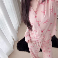 Pyjamas Printemps/Été/Automne - Cardigan en Soie à Manches Longues pour Femmes, Vêtements de Maison Décontractés, Ensemble Cartoon Populaire