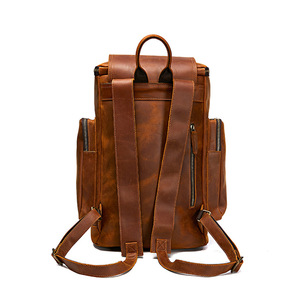 Crazy Horse Leather Travel <b>Backpack</b> 20 Inches Large Capacity Men's <b>Student</b> <b>Backpack</b> Solid Color Interior Zipper Pocket - Product Image 5