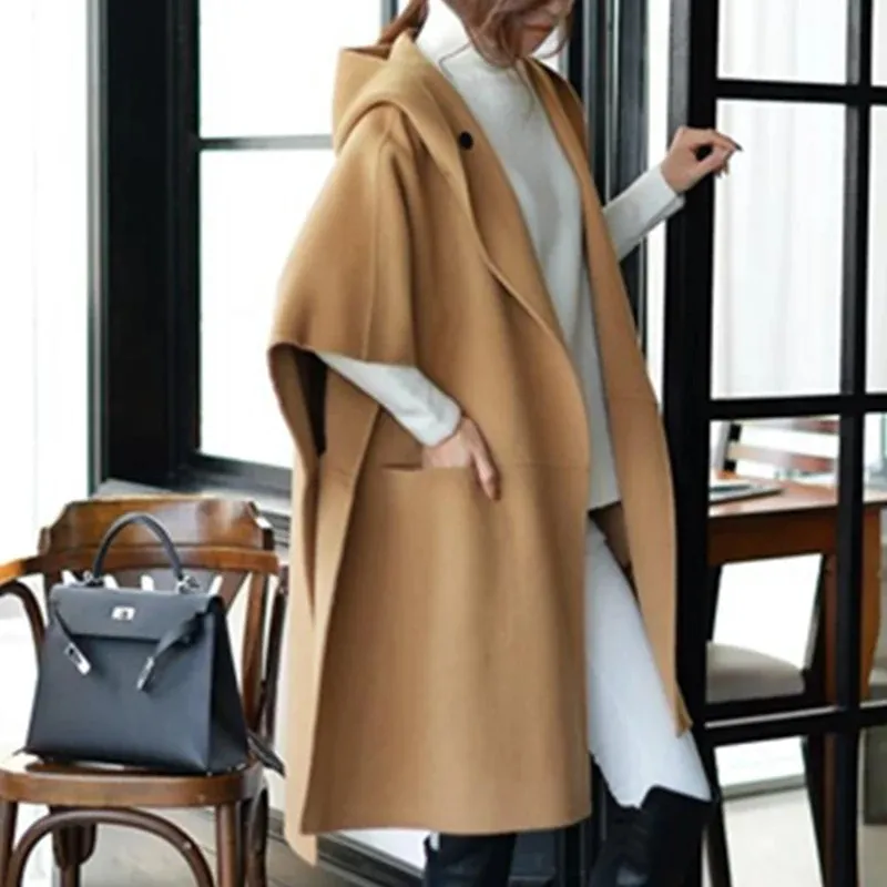 New Elegant Winter Woolen Cape Coat Women's Bat Sleeve Wool Jackets Casual Split Streetwear Hooded Luxury Overcoat Plus Size 5XL
