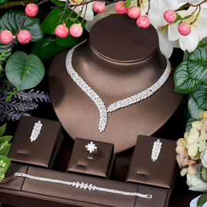 HIBRIDE, conjunto de joyería de Boda nupcial <span class=keywords><strong>Popular</strong></span> de 4 piezas, accesorios de boda para mujer, conjunto de joyería de diseño de hoja, collar, pendiente, - Product Image 1