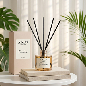 Aikun Low MOQ Clear Round Glass 100ml Label Sticker Logo Beige Box Custom Scent Long Lasting Reed Diffuser Gift <b>Set</b> for Decor - Product Image 1