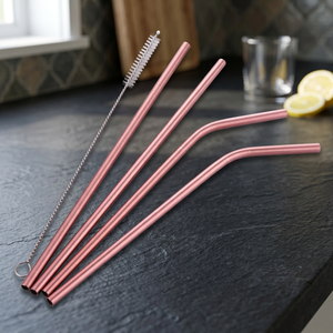 Rose Gold <b>Metal</b> Drinking <b>Straws</b> 4 Pack Reusable Bar Accessories Minimalist Style - Product Image 3
