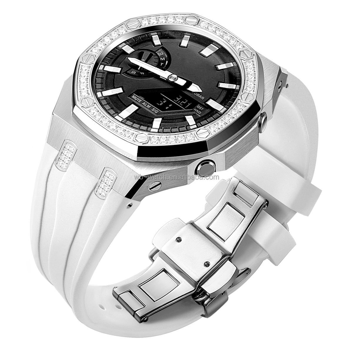 Diamond Set Silver Ring + Silver Case + White Strap