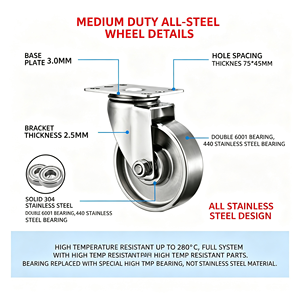 Stainless Steel Swivel Caster Wheel 125mm Flat Type Ball Bearing No Brake 95×65mm Base Plate Industrial Use - Product Image 3