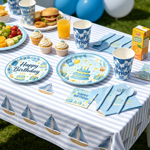 Kit de <span class=keywords><strong>Vajilla</strong></span> Desechable Azul para Cumpleaños de Niños, con Platos, Vasos, Servilletas, Cubiertos y Mantel para Baby Shower - Product Image 2