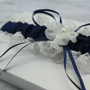 Cinta Azul Marino de la liga con encaje de Organza hermosa flor elástico boda Liga conjunto