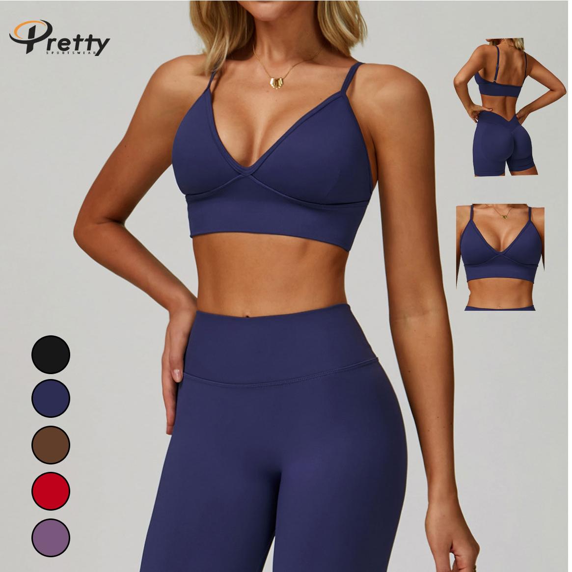 Women's Sexy V-Neck Seamless Sports Bra Moisture Wicking Yoga Top Four-way Stretch Sexy Padded Design for Running and Fitness