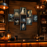 Set Seni Dinding Sembilan Panel Dark Ghost, Kanvas Halloween Seram Hutan Bercahaya Bulan, Cetakan Vintage untuk Kamar Mandi, Dekorasi Rumah
