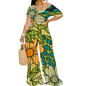 Ensemble deux pièces pour femmes, haut court rayé décontracté élégant d'été avec pantalon large - Product Image 1